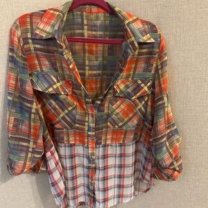 Sheer Plaid Button Down Blouse L